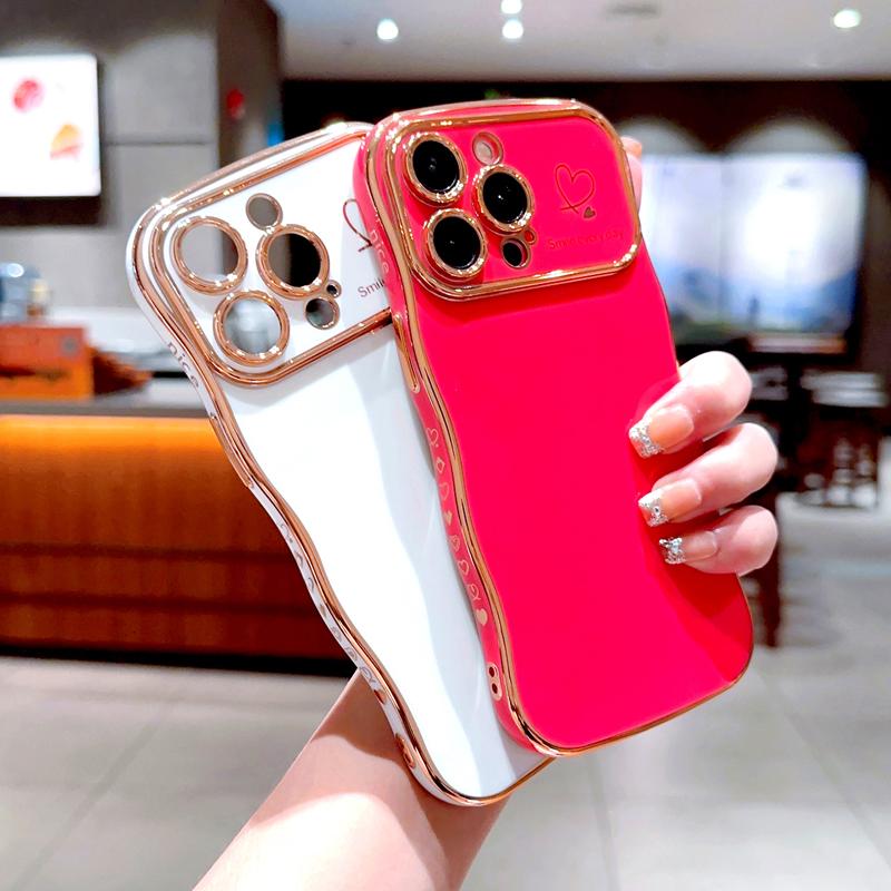 OREKROY [FreeShip] Cute Wave Shape with Love Heart Raised Camera Protection Phone case For iPhone 16 15 14 13 1211 Pro Max Accessories Durable Silicone Shiny Silicone Shiny Wavy