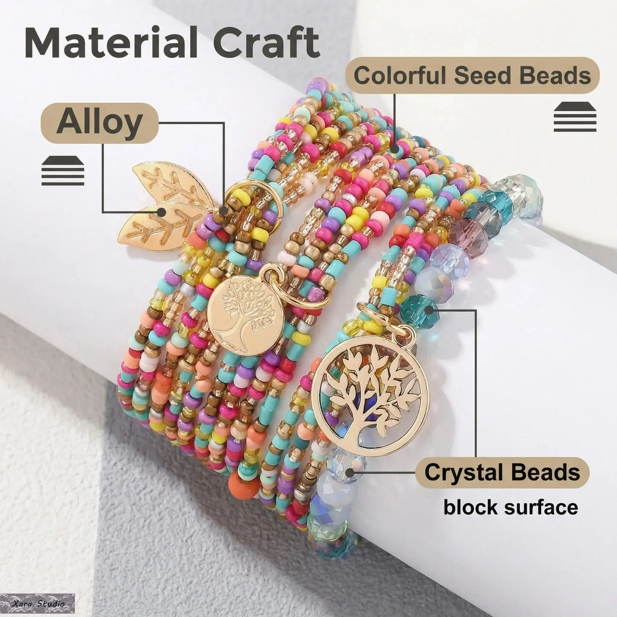 Boho Beaded Bracelets Stack for Women, Colorful Handmade Seed Bead Bracelet with Crystal Beads, Nature Leaf Charm, Stretch Layered Summer Beach Jewelry, Tropical Vacation Accessories, Festival Bracelet, Everyday Wear, Gift for Her