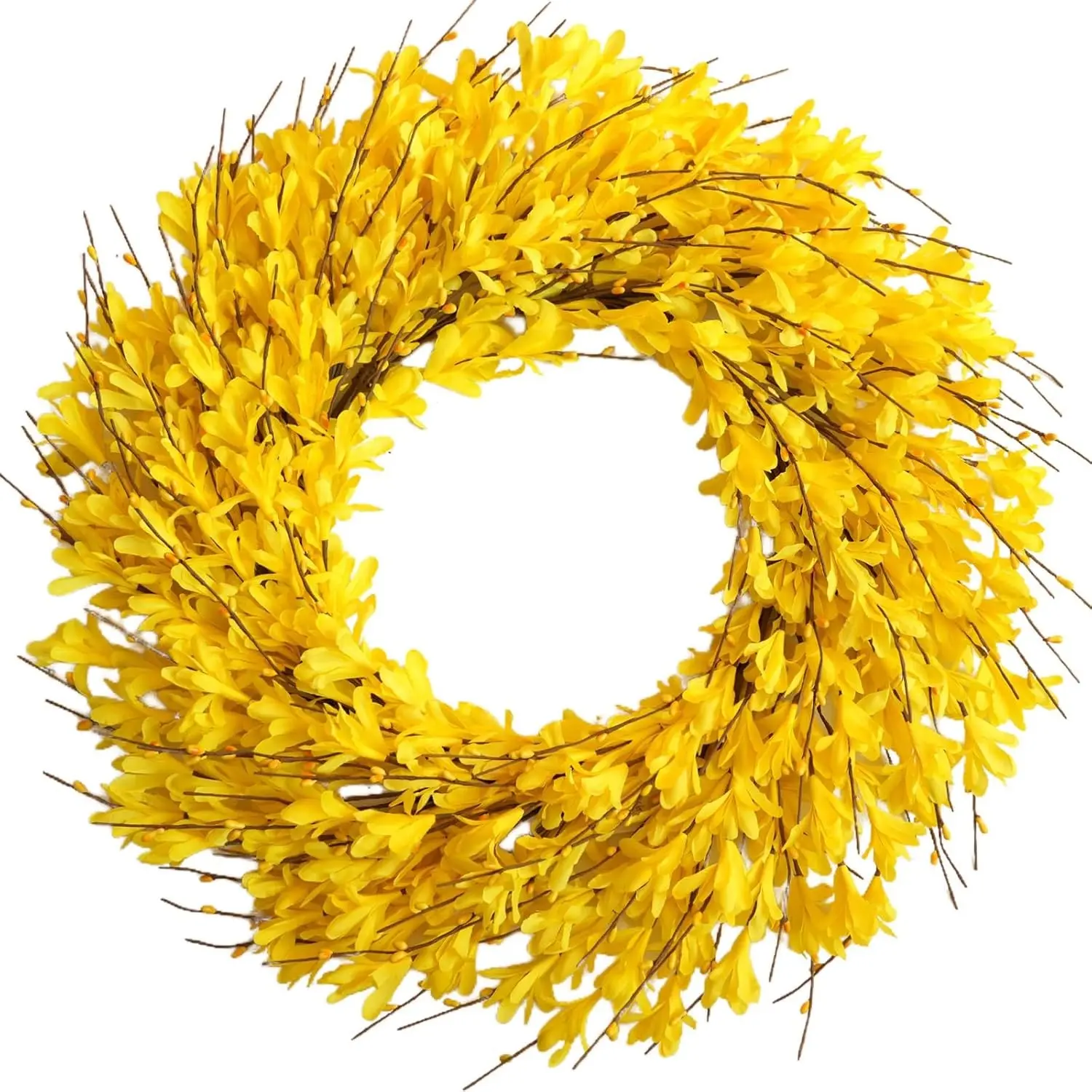 22inch Artificial Forsythia Flower Wreaths Spring Summer Fall Wreath Silk Leaves Wreath for Front Door Porch Farmhouse Patio Garden Home Decor (Yellow)