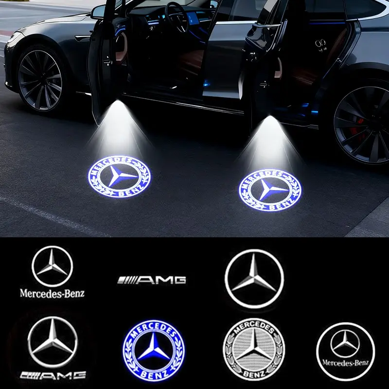 2pcs LED Car Door Projector Welcome Lights for Mercedes Benz, No-Fade Quartz Glass Lens, HD Ghost Shadow Puddle Courtesy Lamp