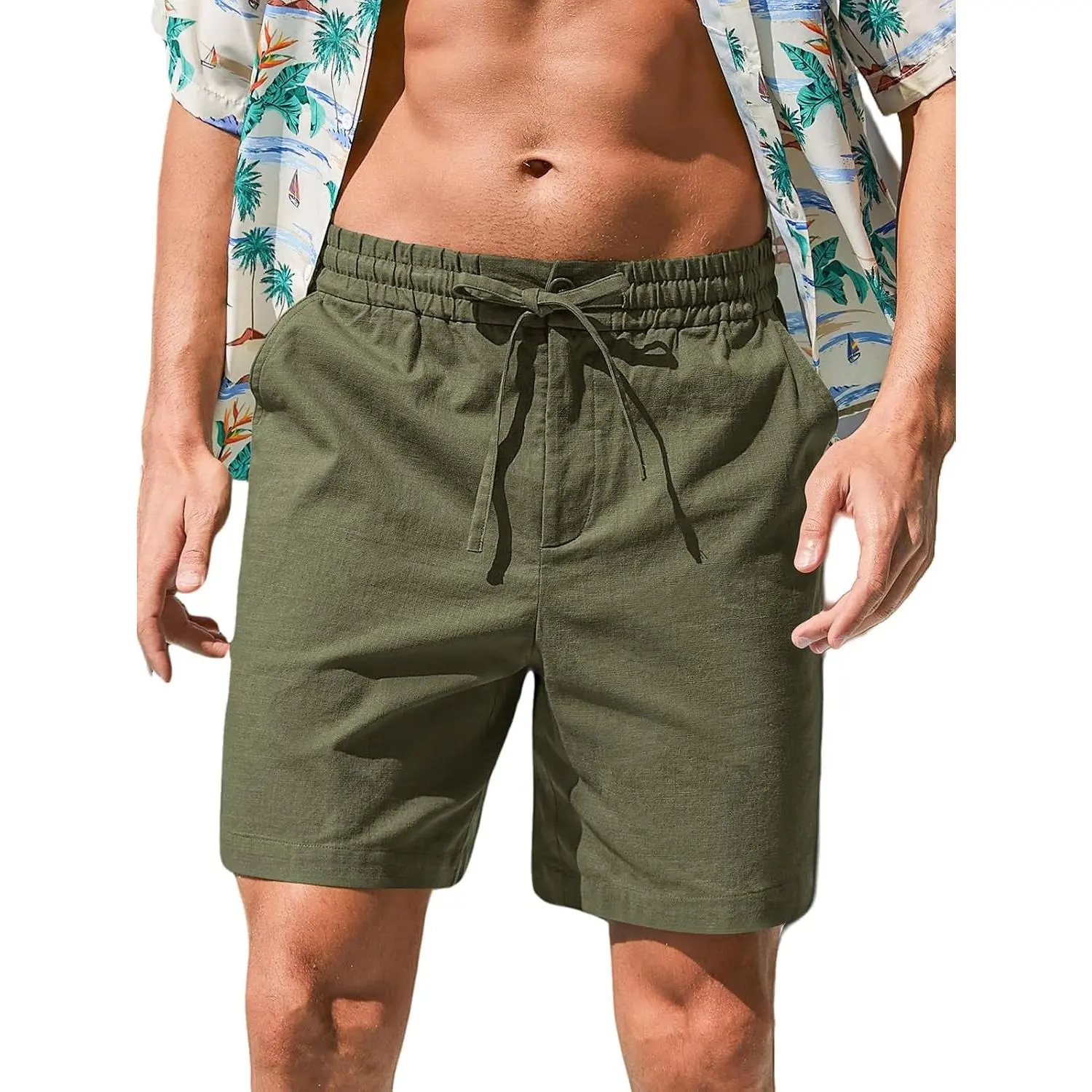 Mens Cotton Linen Shorts Casual Drawstring 7inch Inseam Stretch Summer Beach Wear
