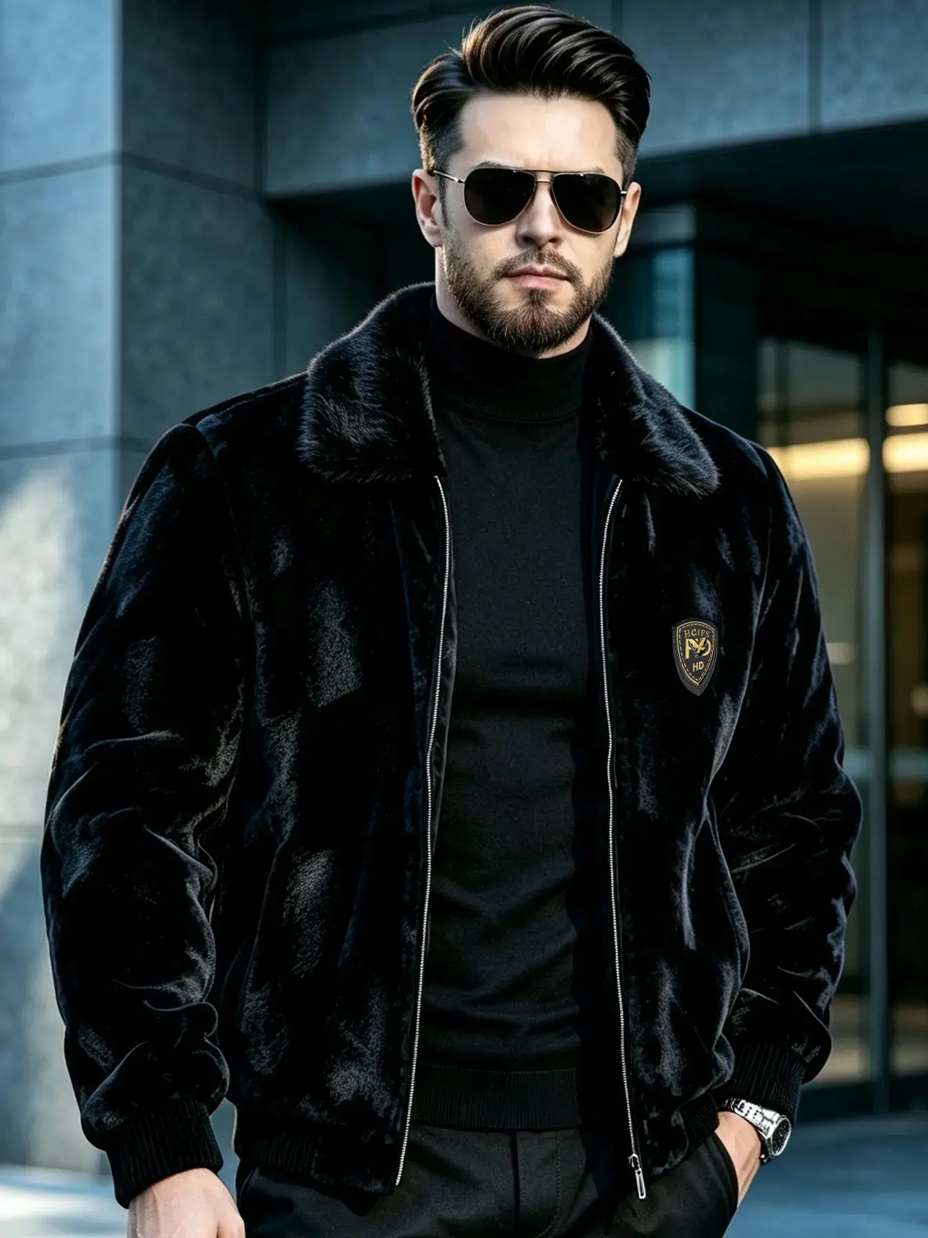 Men's Plaid Faux Fur Coat with Eagle Badge, Long Sleeve Slim Fit Casual Outerwear, Knee-Length Warm Jacket, Fashionable and Versatile, Casual Fitted Coat