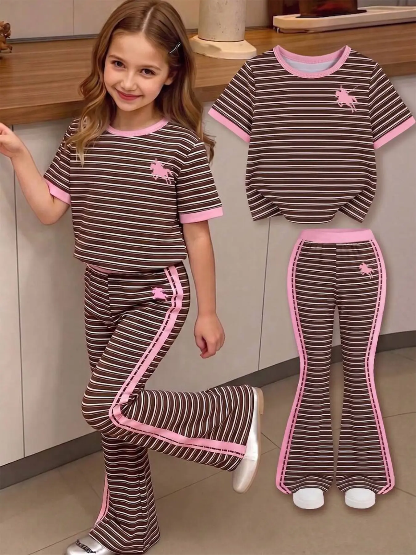 Girls' Striped Print Short Sleeve T-Shirt and Bell Pants Set, Casual for School, Dates, Leisure, All Seasons