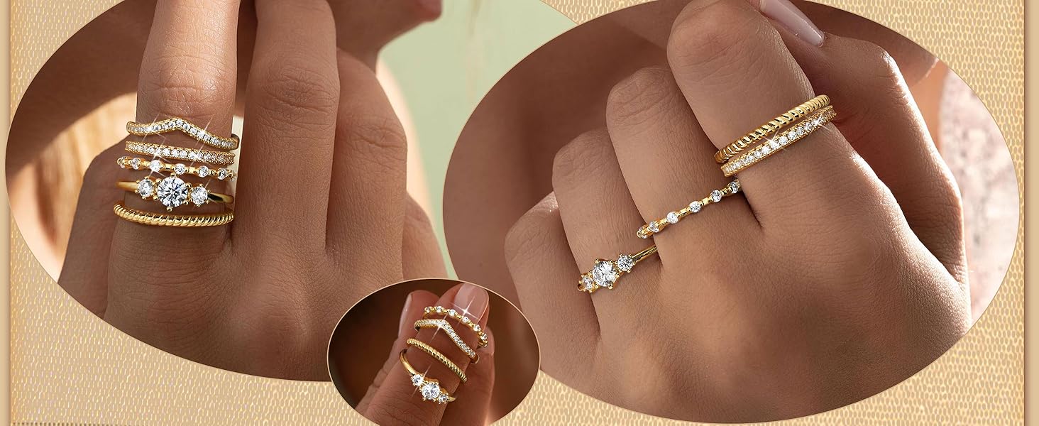 Florideco Stackable Gold Rings for Women 14K Gold Plated Minimalist Non Tarnish Cubic Zirconia Thumb Ring Set Dainty Gold Knuckle Ring Trendy Statement Stacking Rings Set Size 5-10
