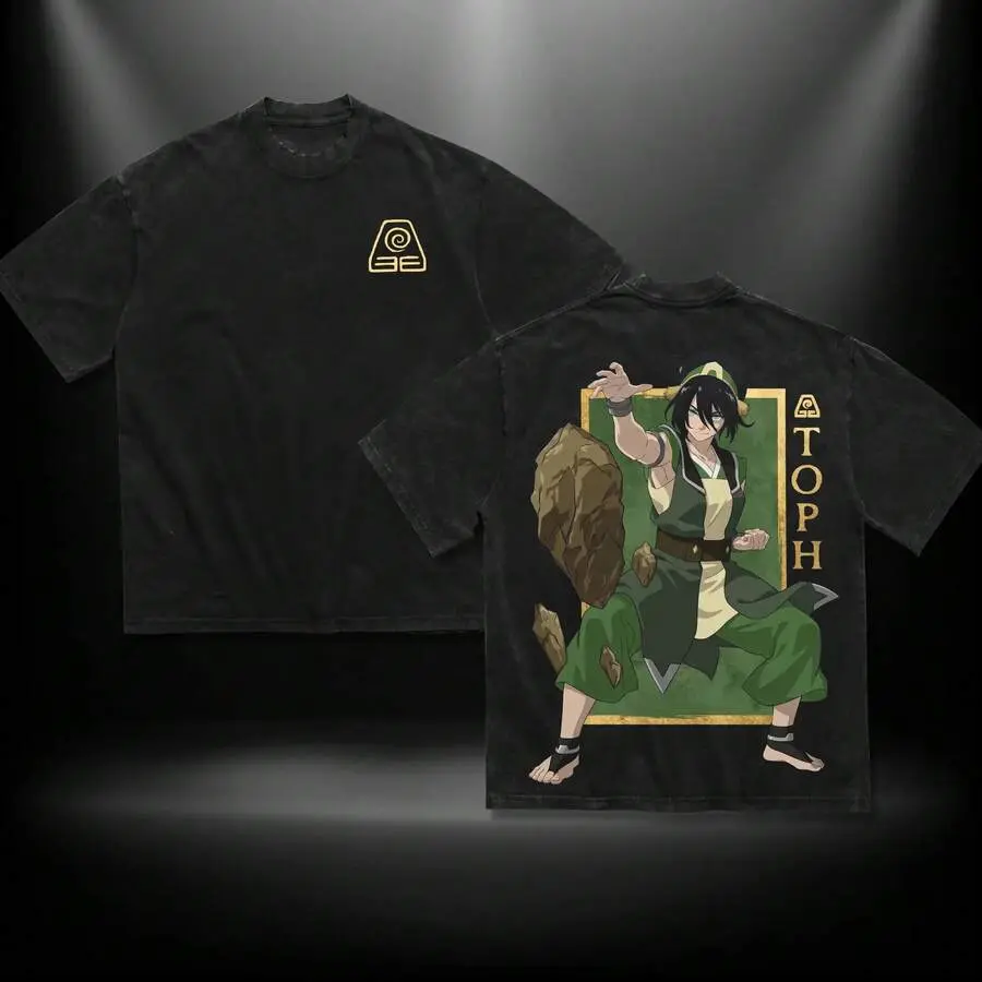 Vintage Washed Crew Neck T shirt Toph Beifong Earth Kingdom Symbol Dual Print Unisex Short Sleeve Casual Top For Adult Avatar Anime Fans Comic Con Daily Street Outfit