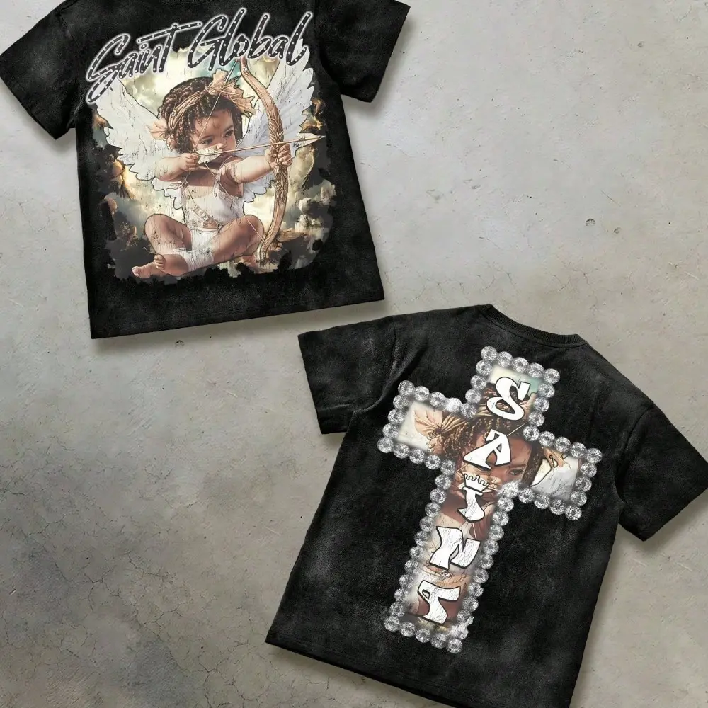 T - Shirt Combining Faith And Fashion: Cherub Print T Printed 230g Washed Care Label Unisex Acid - Washed Cotton Printed Vintage  Neck  Machine - Washable, Casual Summer Outfit, Men's Loose Fit backtoschool