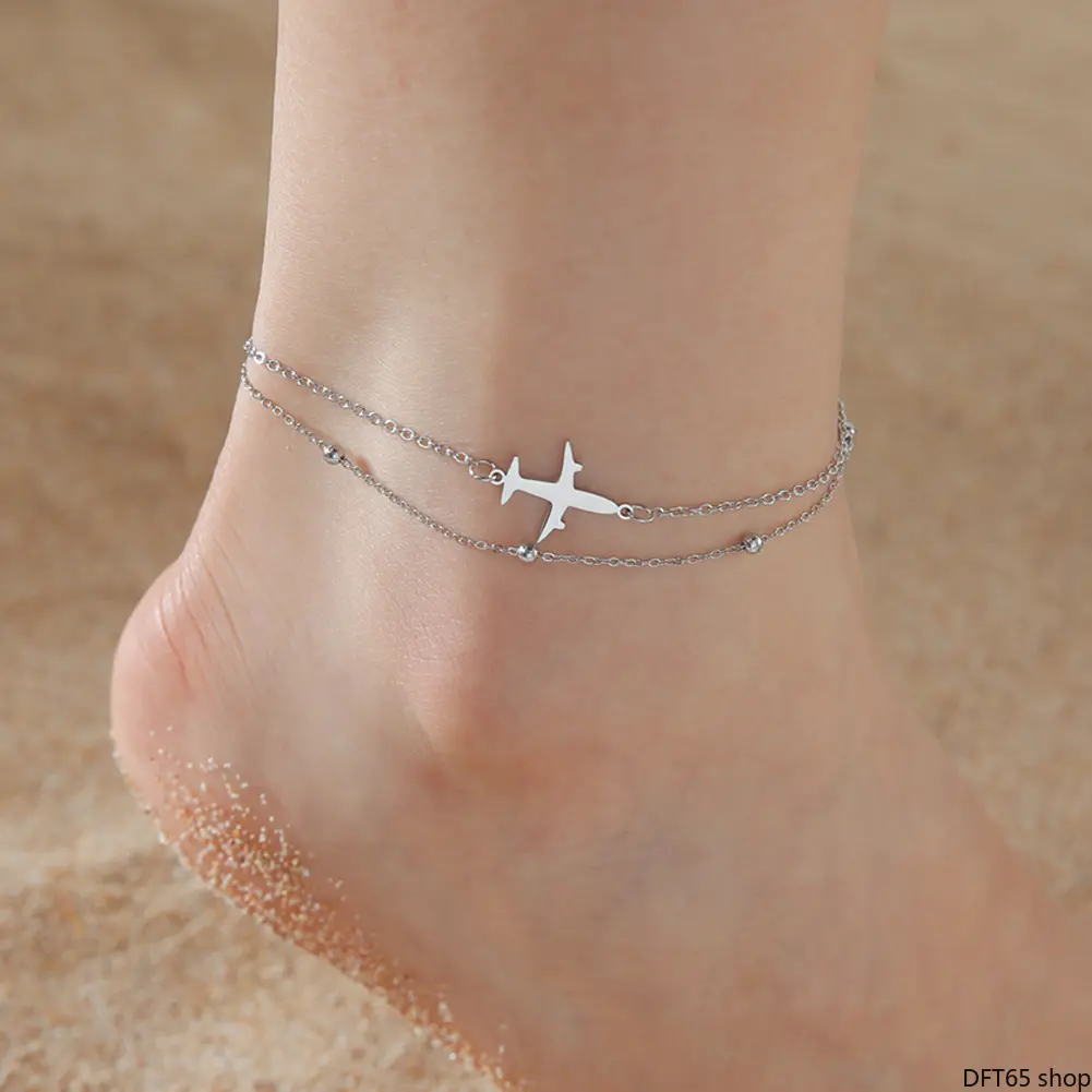 Airplane Charm Double‑Layer Chain Bracelet, Adjustable Link Wrist Jewelry For Daily Casual Wear, Lightweight Metal Bangle With Round Bead Detail For Women And Girls