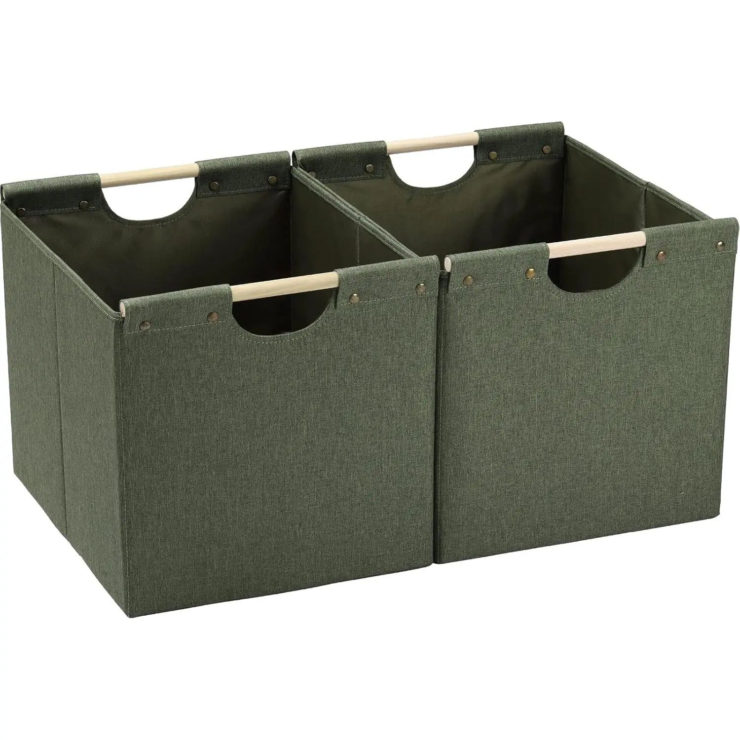Large Collapsible Storage Bins, Linen Fabric, Pack of 2, Storage Baskets with Wooden Carry Handles and Sturdy Heavy Cardboard, for Home, Office, Car, Nursery, Olive