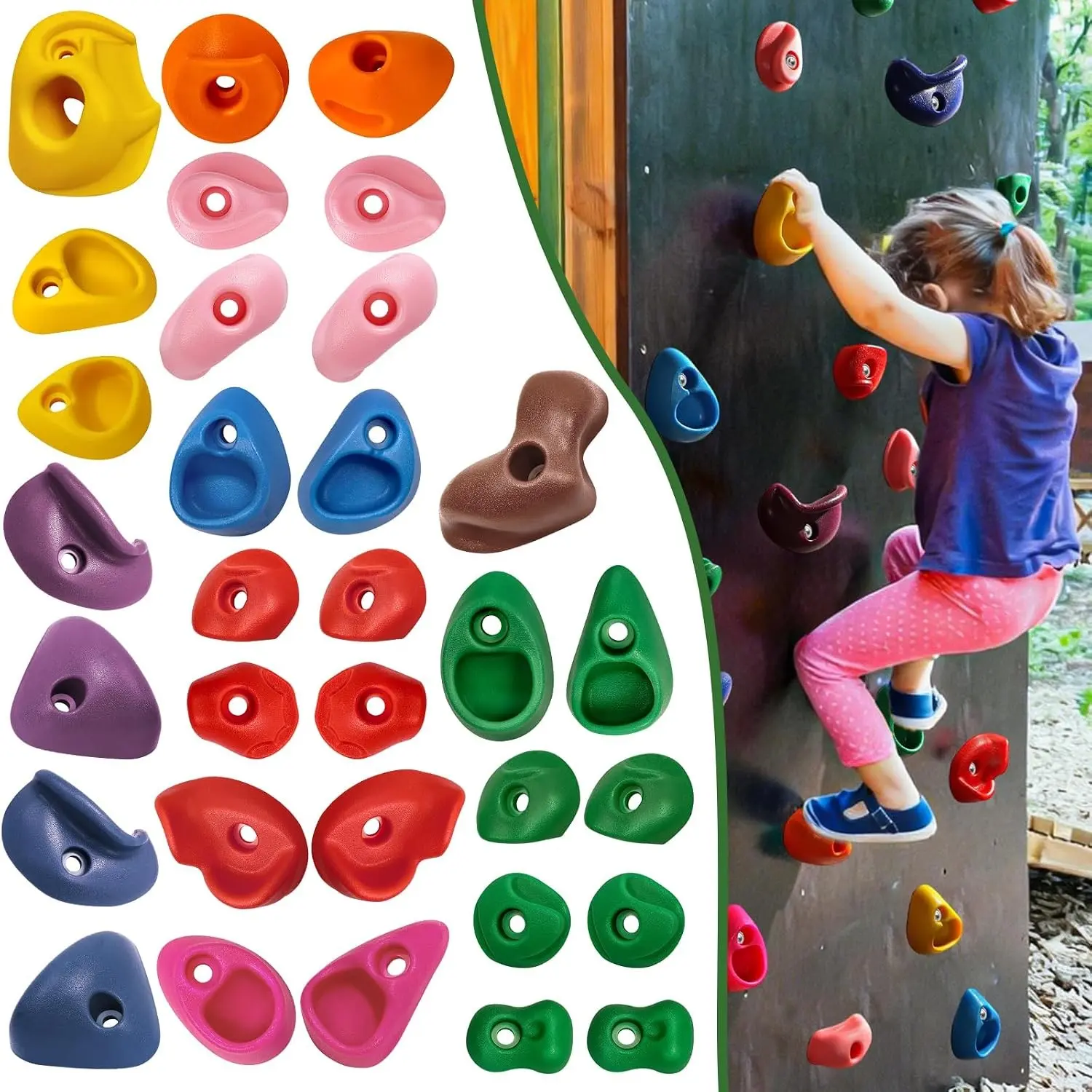 32 Rock Climbing Holds for Kids and Adults, Multi Size Colorful Plastic Wall Grips with 2 Inch Mounting Hardware, Indoor Outdoor Playground Set