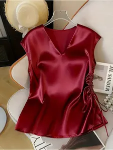 Soft Shiny Satin V Neck Cap Sleeve Shirt, Adjustable Side Tie Ruched Casual Daily Wear Blouses