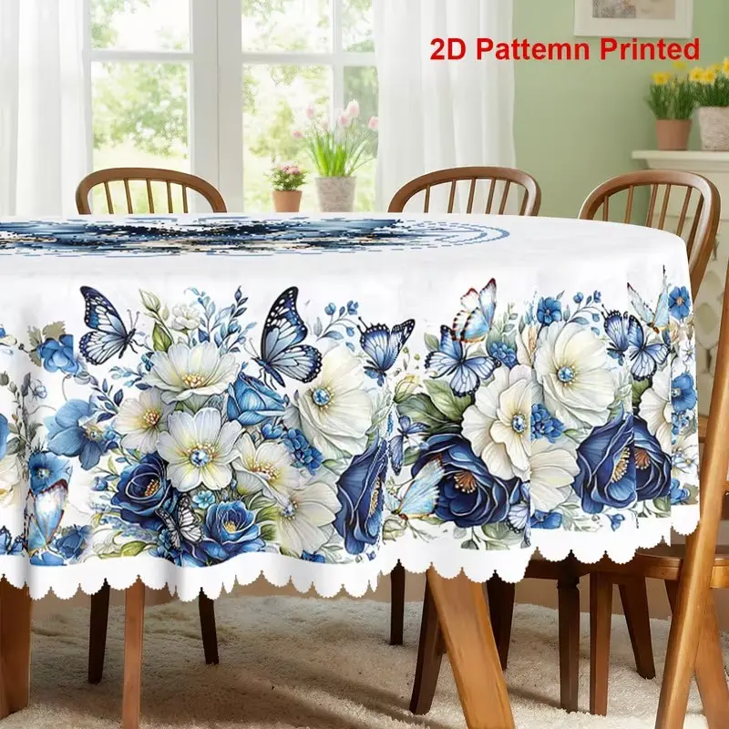 2D Flat Party Tablecloth, Blue Butterfly Rose Floral Print, Round Tablecloth, Embossed Edge, Indoor Outdoor Decor, Versatile, Easy Maintenance, No Power Needed, Floral Pattern, Round Shape