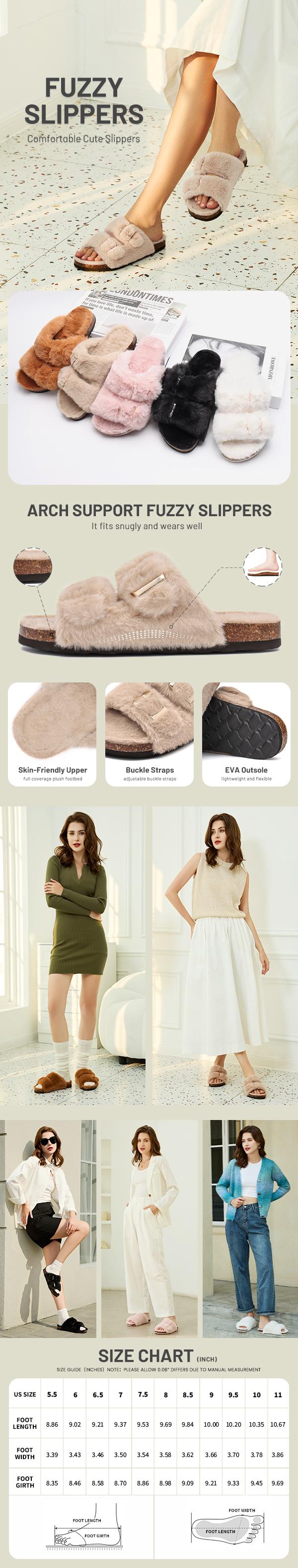 Women's Fuzzy Slippers Cork Footbed Fluffy Slides Comfy Open Toe Indoor Outdoor House Shoes with Arch Support Girl Footwear Flipflop Kitchen Parent Brown