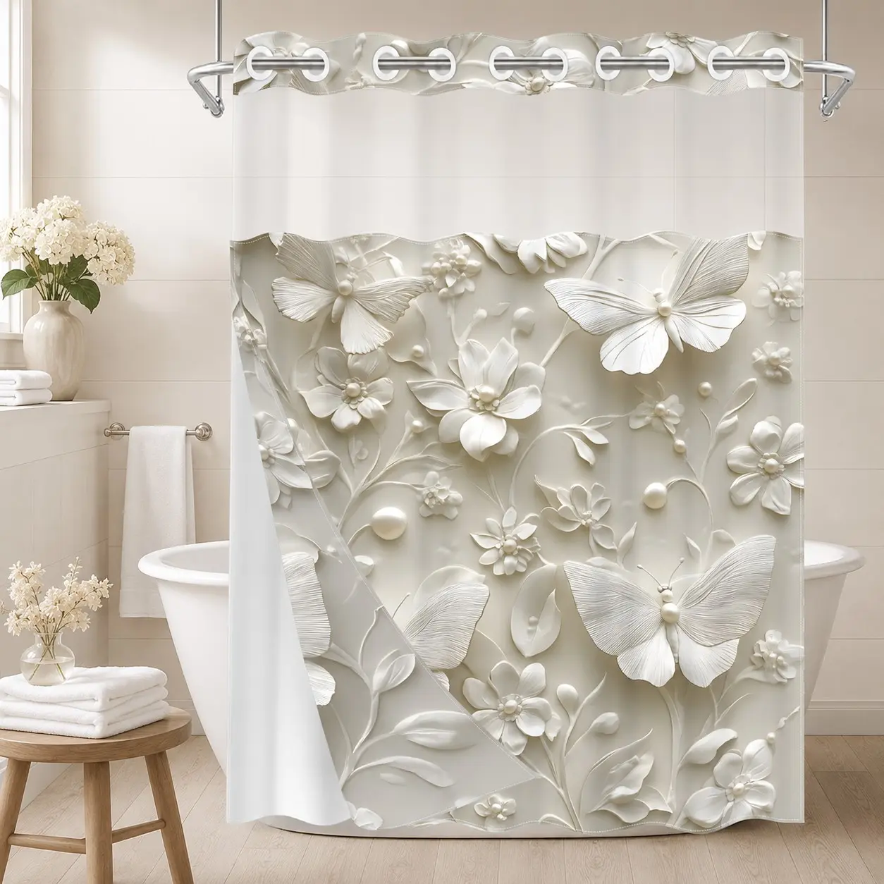 1PC 2D Flat Embossed Butterfly Floral Pattern Double-Layer Woven Decorative Botanical Shower Curtain (No Hooks), Bathroom Accessory, Bathroom Decoration Accessories, Transparent Top Window, Removable liner with snap-on lining, Modern Bathroom Decor