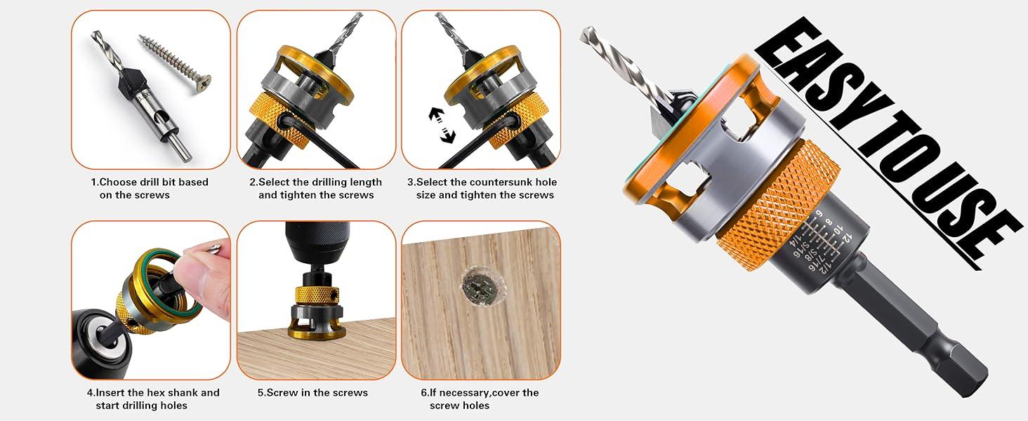 "Professional 4PCS Countersink Drill Bit Set with Adjustable Depth Stop & L-Shape Wrench |   High Carbon Steel Four Blades for Smooth Woodworking, Plastic & Wood Projects |   Essential Tool Kit for Perfect Flush Screws Every Time"