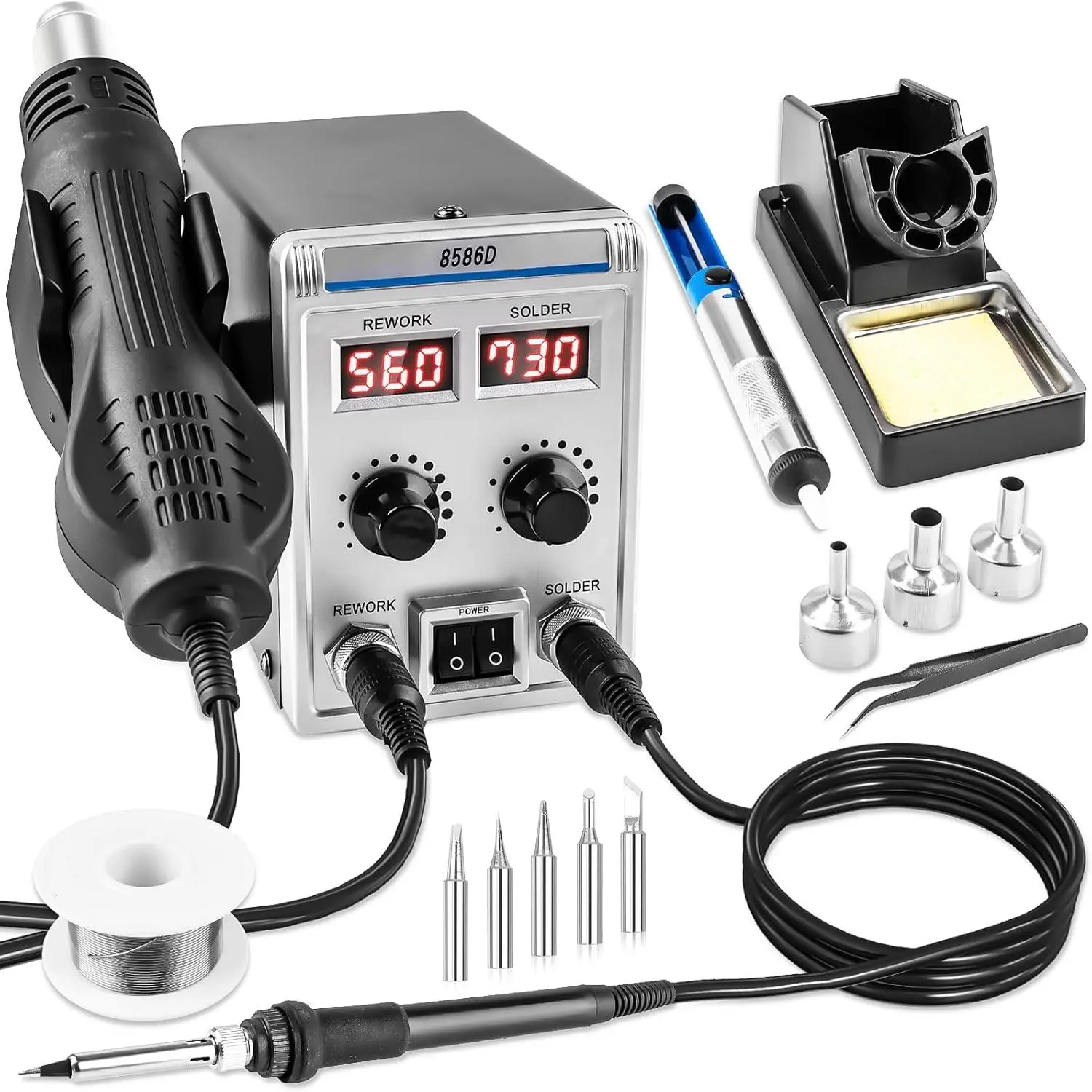 8586D 2 In 1 Soldering Station, SMD Hot Air Rework Station LED Dual Display with Heat Gun and Solder Iron Kit, Electric Soldering Iron Station with Temperature, Auto Sleep Functions