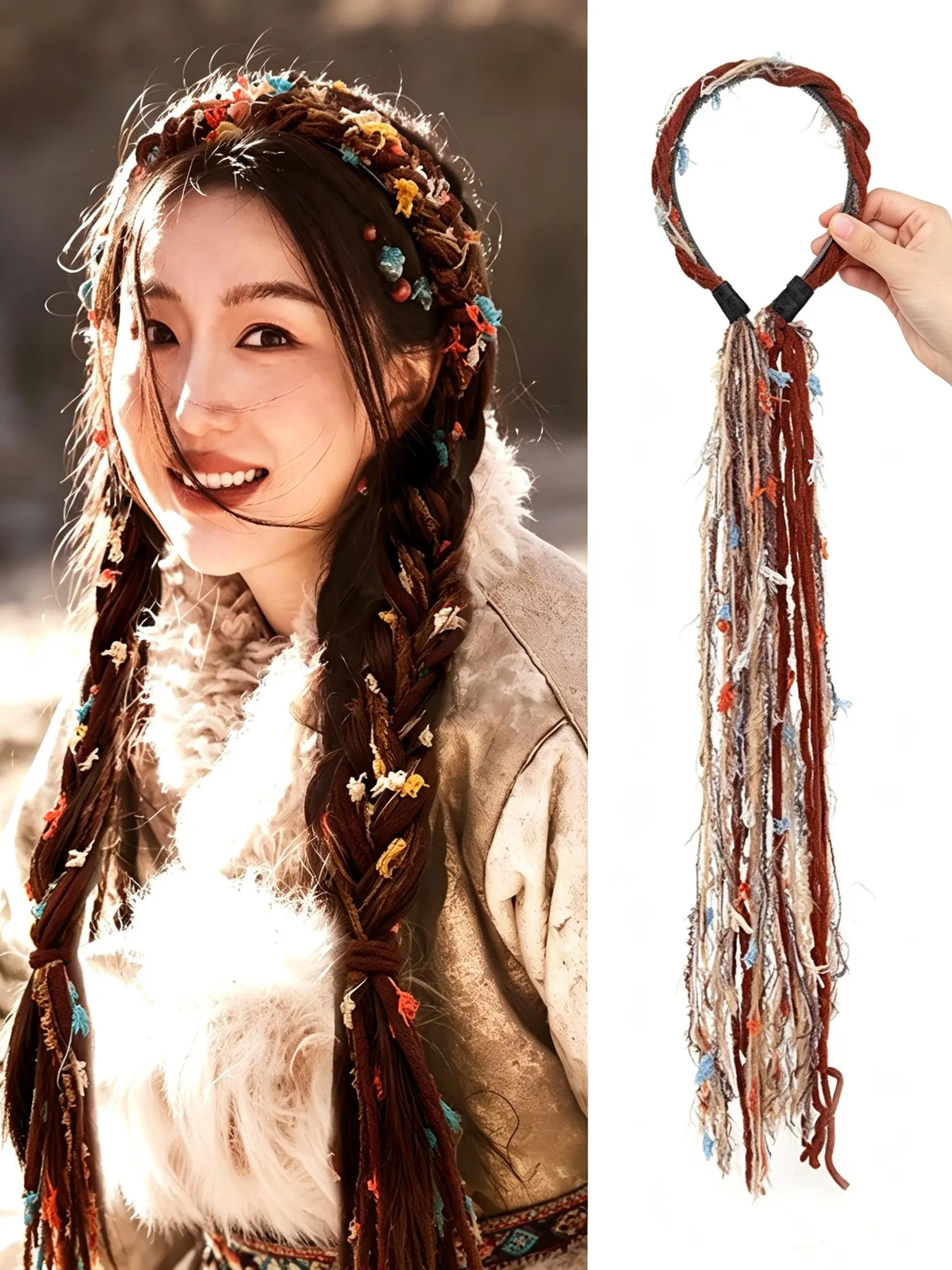 Boho Braided Hairband with Fringe, Colorful Rope Dreadlock Wig Pieces, Festival Party Accessory, Fairy Style Women's Braids Wig