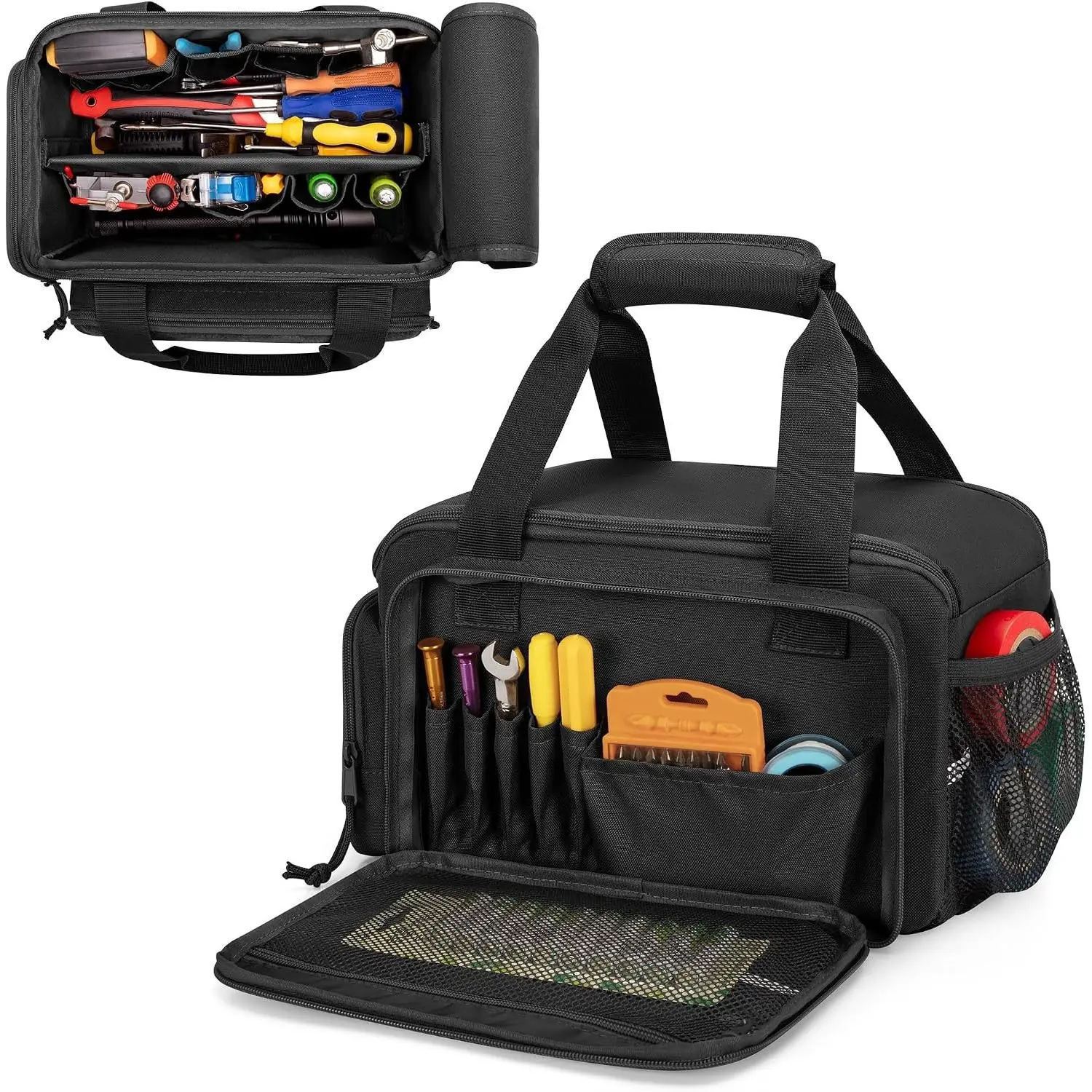 12-Inch Tool Bag with Anti-friction Bottom, Hand Tool Storage Organizer Bag for Men, Tactical Range Bag, Multi-purpose Work Tote for Repairman, Electrician, Carpenters, Handyman, Black