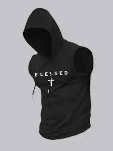 BLESSED Cross Graphic Hooded Tank Top - Faith-Based Streetwear Casual Sleeveless Hoodie