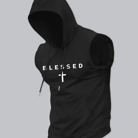 BLESSED Cross Graphic Hooded Tank Top - Faith-Based Streetwear Casual Style Sleeveless Hoodie