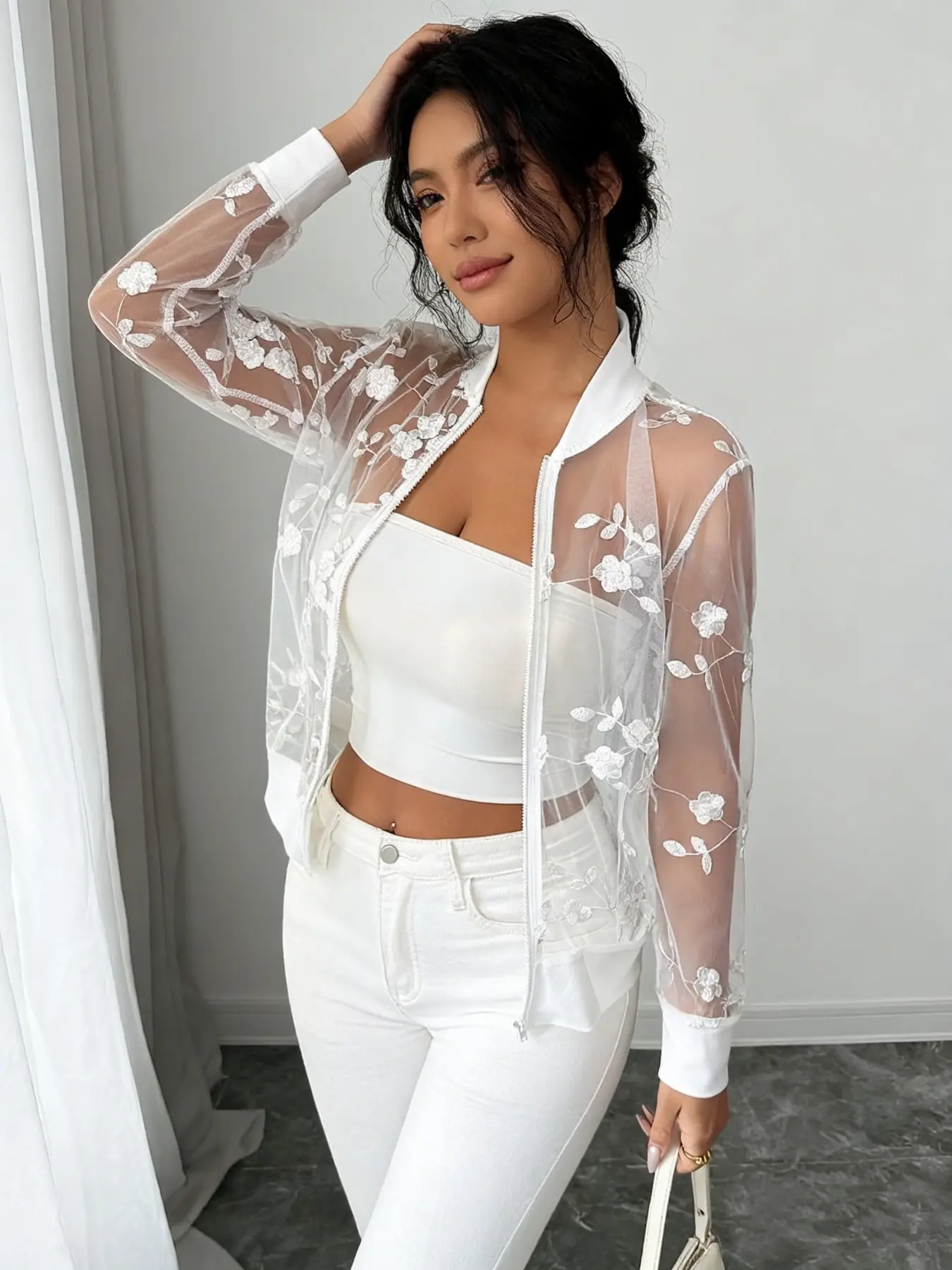 Women's Spring Summer Casual Floral Embroidery Mesh Zipper Lightweight Pilot Jacket, Trendy Fashion Outerwear for Daily Wear