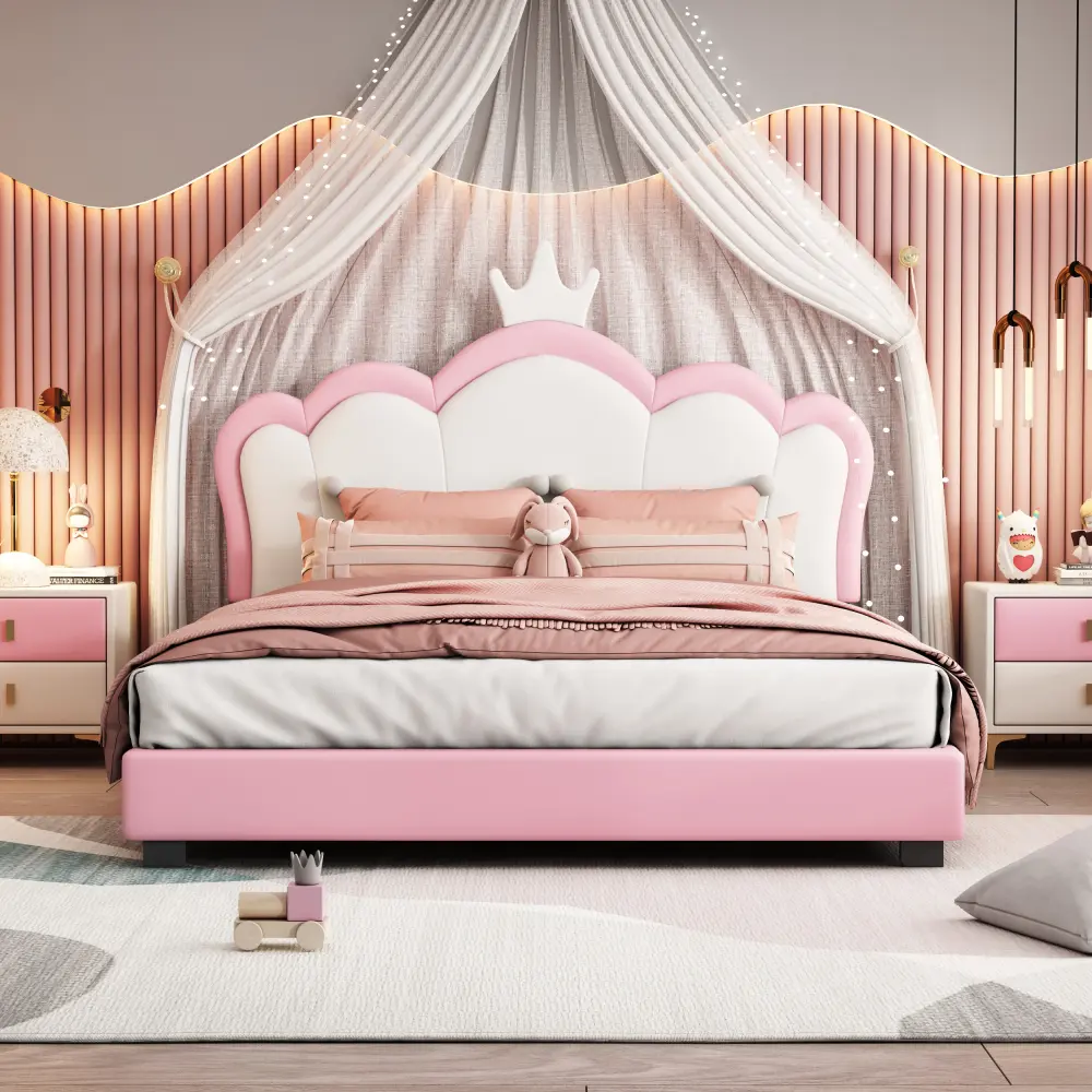 Full Size Upholstered Princess Bed with Crown Headboard, Full Size Platform Bed with Headboard and Footboard