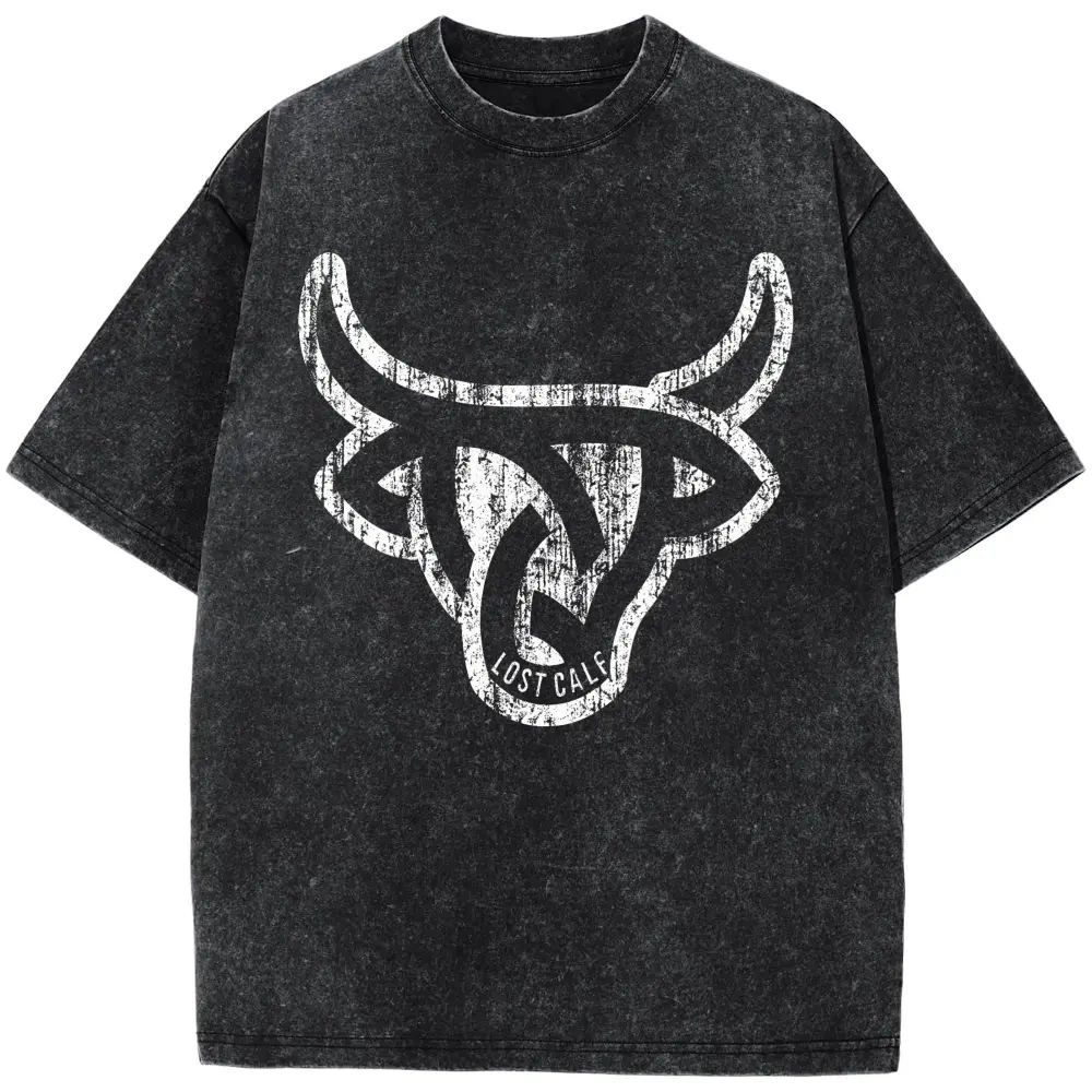 Lost Calf Unisex Angus Crew Neck Short Sleeve T-ShirtPlus Size T-Shirt, Retro Fitness Heavyweight Washed T-Shirt, 100% Cotton