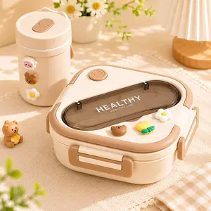 Cute Bento Box with Soup Cup Chopsticks Spoon, Kids Shcool Lunch Bundle Box Large Capacity Portable Lunch Container with Handle, Multi Compartment Container, Microwave Safe Food Box for Women Office Picnic 1000ml/1300ml/1500ml