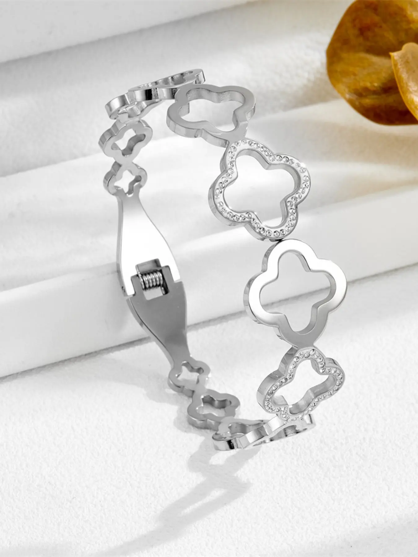 Silver Color Clover Luxury Bracelet Set, Stackable Rhinestone Stainless Steel Cuff, Ideal for Weddings, Parties, Daily Wear, Gift for Women