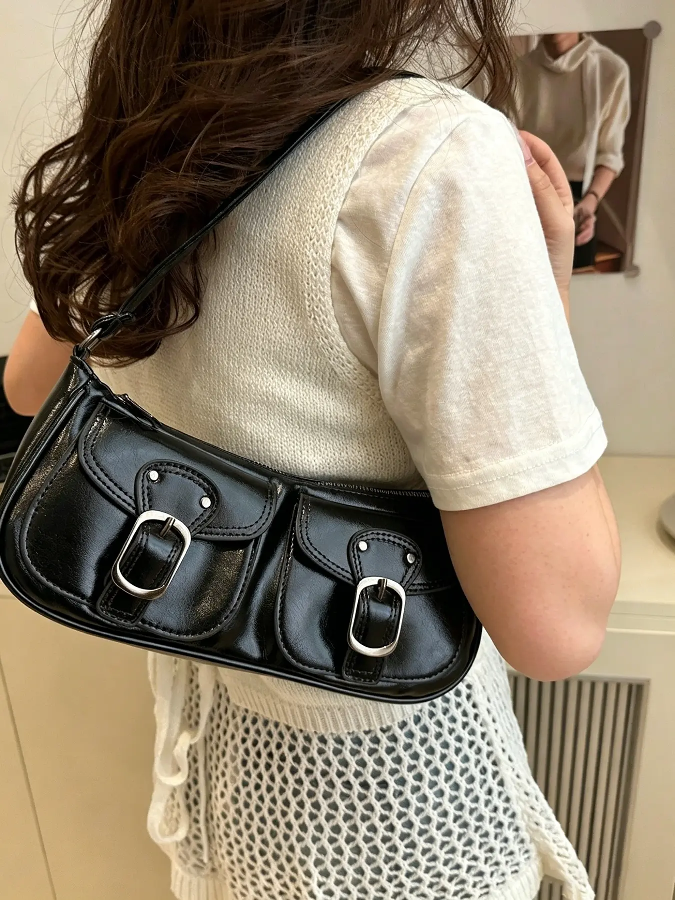Vintage Baguette Underarm Handbag for Women in Shiny PU Leather, Flip Pocket with Double Metal Buckles, Adjustable Chain Shoulder Strap, Versatile Daily Carry Bag for City Commutes