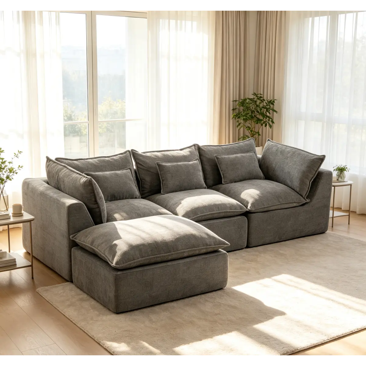 102.3" Length Cloud-Like Modular Sectional Couch - 3-Seat Oversized Sofa with Ottoman, Soft Waffle Texture Cotton-Linen Fabric, Memory Foam Deep-Relax Design, Ideal for Living Room, Modular Setup