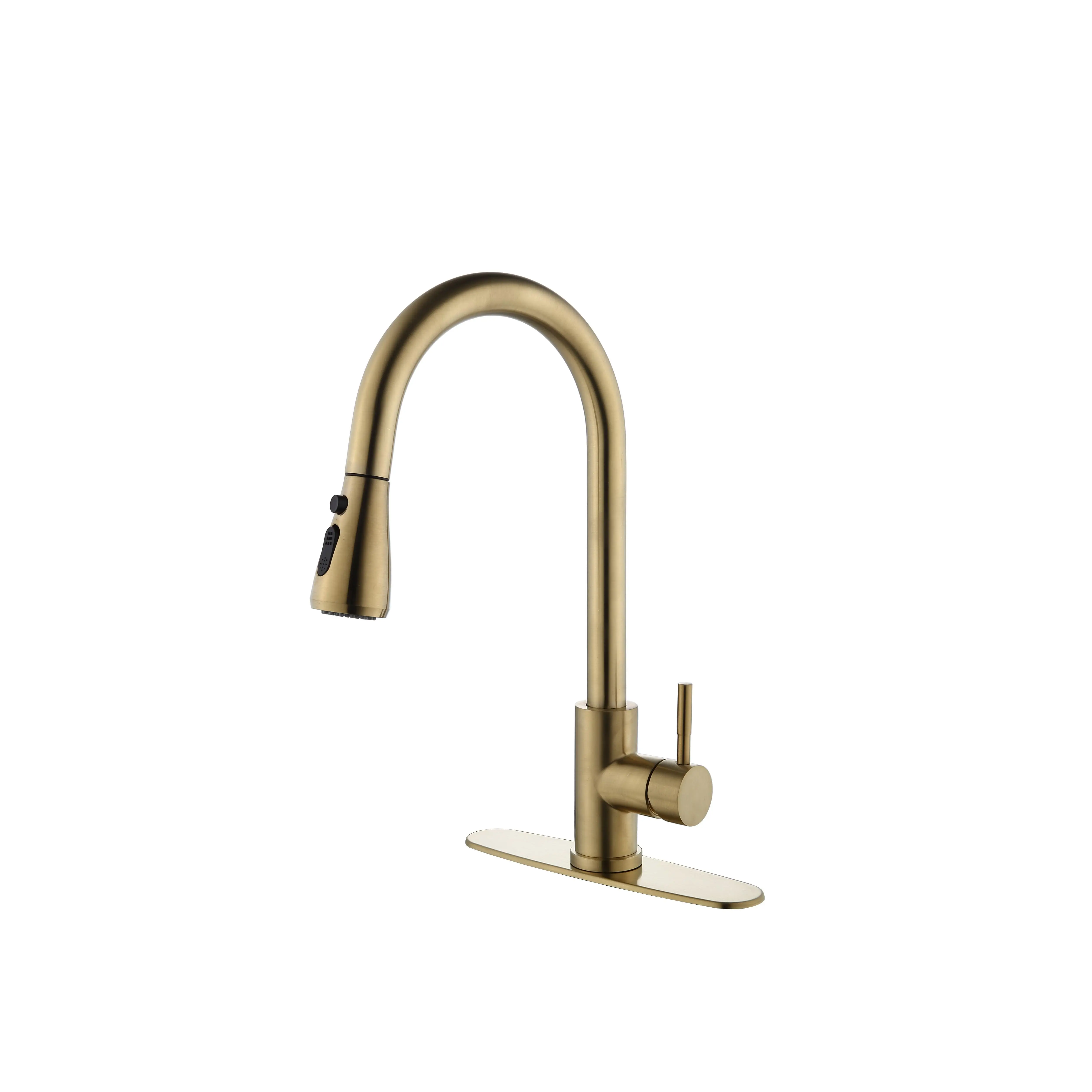 Nokaa Kitchen Faucet with Pull Out Sprayer, Brushed Gold Stainless Steel Single Handle High Arc 360° Swivel Kitchen Sink Mixer Tap, Dual Stream/Spray Modes, Anti-Corrosion Finish, Easy Clean, for Dish Washing, Filling Water