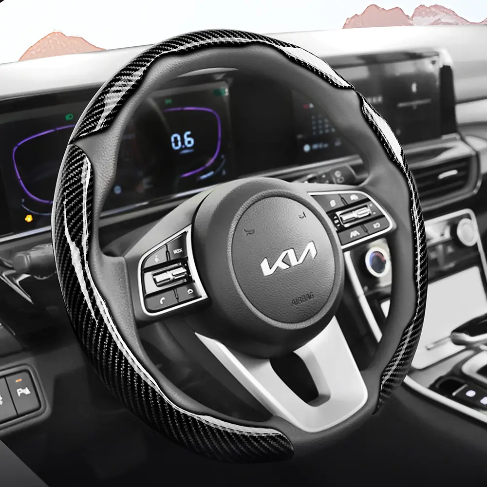 For KIA Sporty Segmented Carbon Fiber Texture Snap-On Steering Wheel Cover, Automotive, Non-Slip Grip Quick-Install Ultra-Thin Design All-Season Use Fits Sportage/Seltos/Sorento/Niro/Sonet/Picanto/Morning/K3/Forte/Cerato/Carnival/Telluride/Carens/Ceed