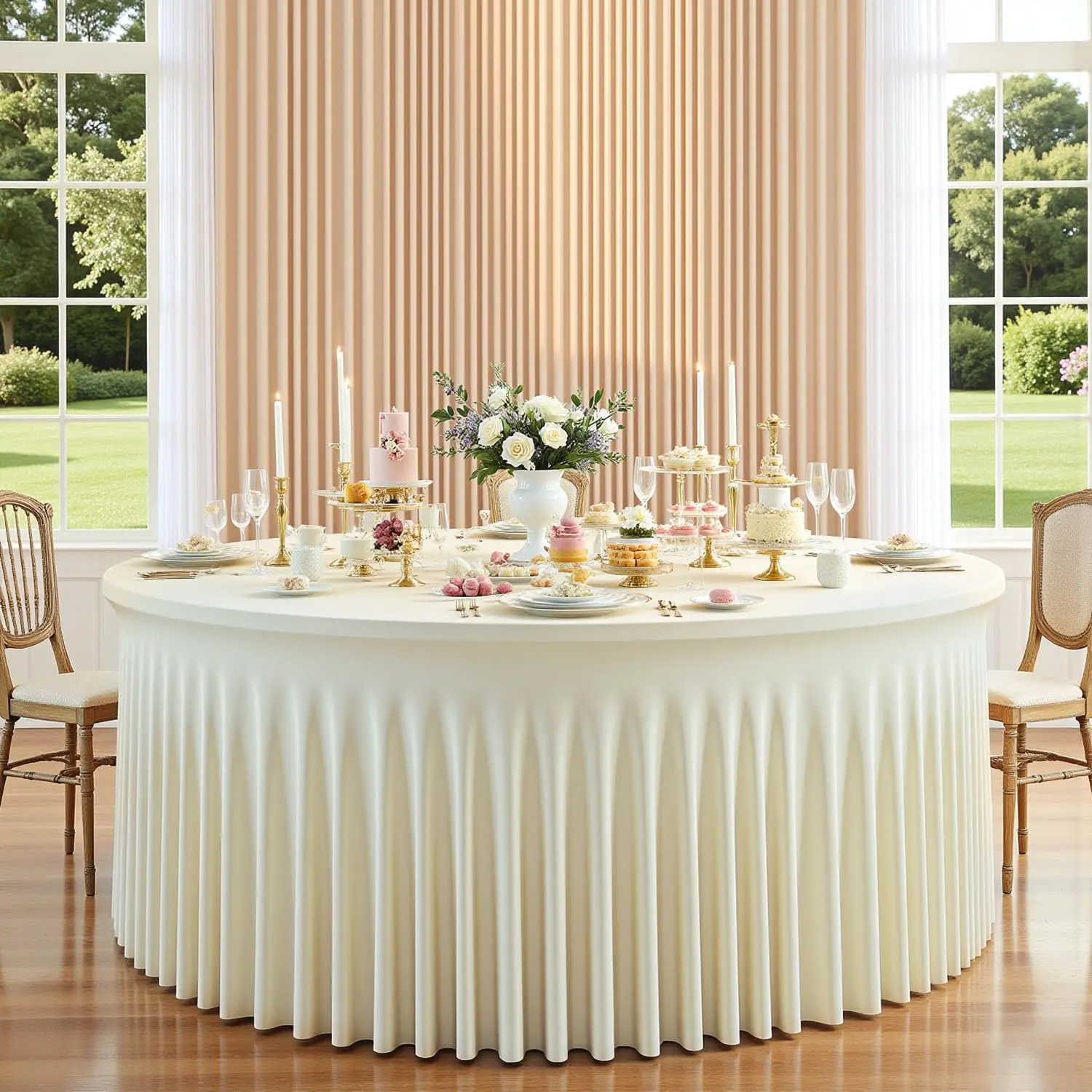 1 Pack Ivory Round Spandex Tablecloths, 6FT/72In Stretchy Table Cloth with Skirt, Washable Fitted Tablecloth, Circle Wrinkle Free Table Cover for Wedding Party Dining Banquet Event