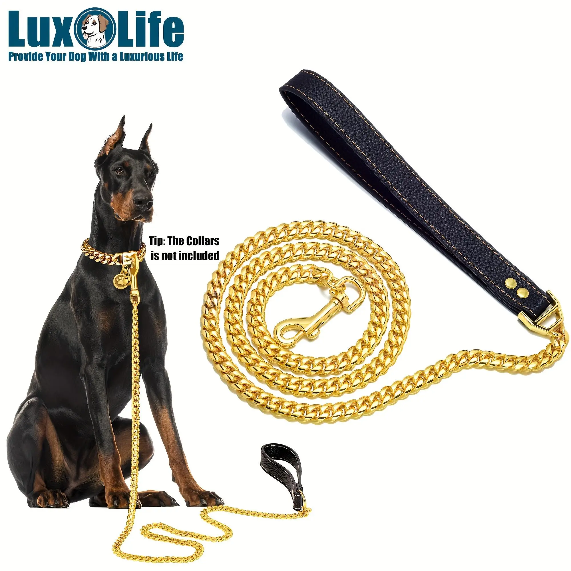 Golden 12mm Dog Chain Leash Stainless Steel Chain Curb Cuban Link Walking Training Dog Leash 3ft 4.3ft with Handle for Small, Medium Large Dogs