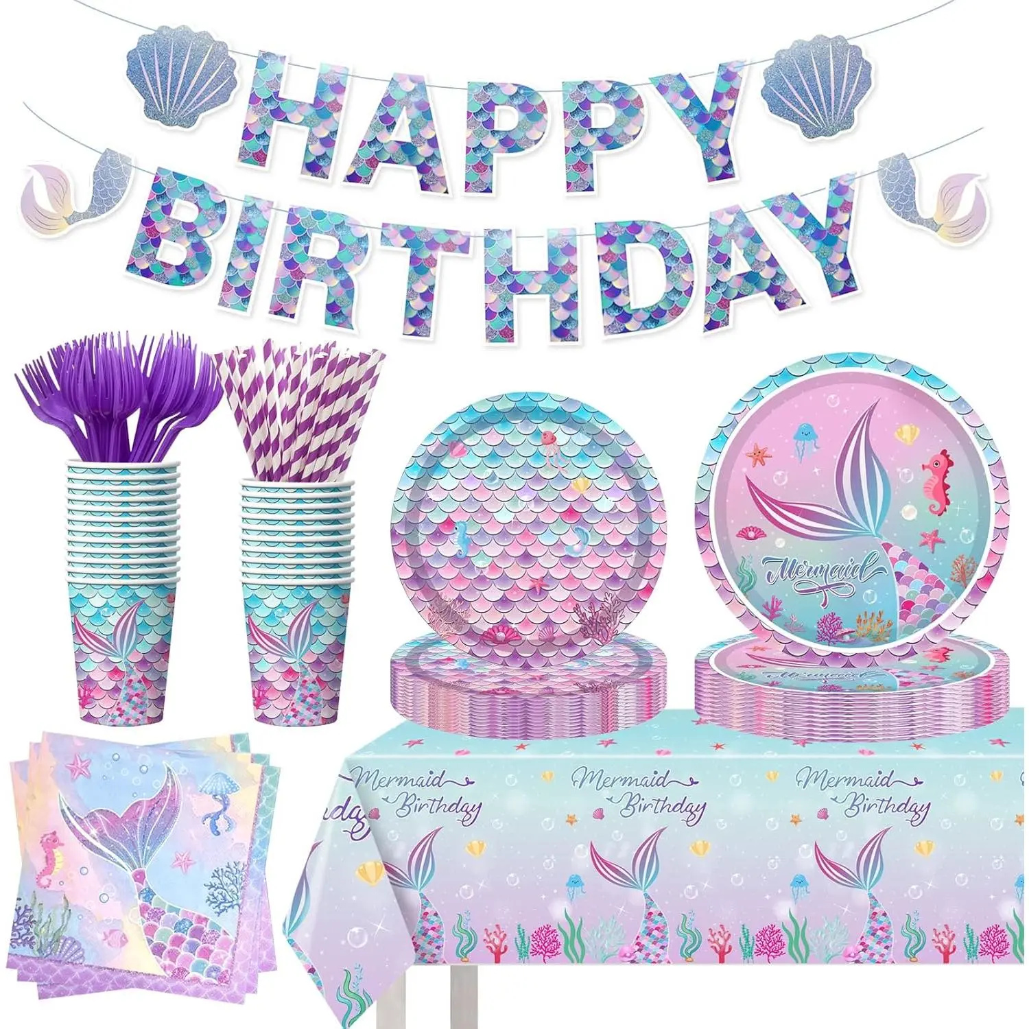 146Pcs Mermaid Themed Party Decorations & Disposable Tableware Set - Plates, Cups, Napkins, Tablecloth, Forks, Straws, Banner - Serves 24 for Girls' Baby Shower Home Festive Supplies, Water Proof