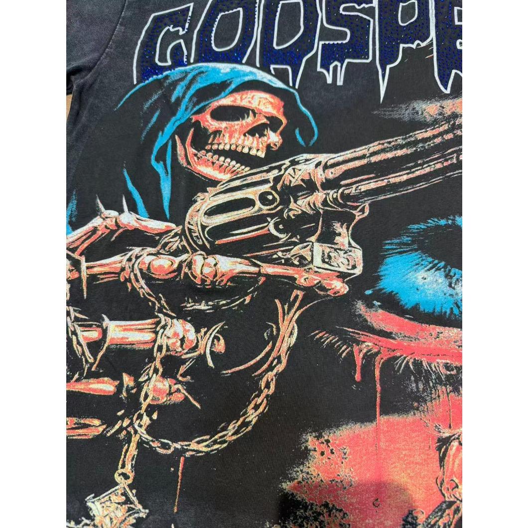 Real Photo Original Label Ripped Hot Drill Godspeed Short Sleeves T Shirt American Cotton Vintage Washed Rhinestone Bling Oversized Loose Unisex Round Neck Streetwear Hip Hop Y2K Casual Tops Tees With Tags For Men Women