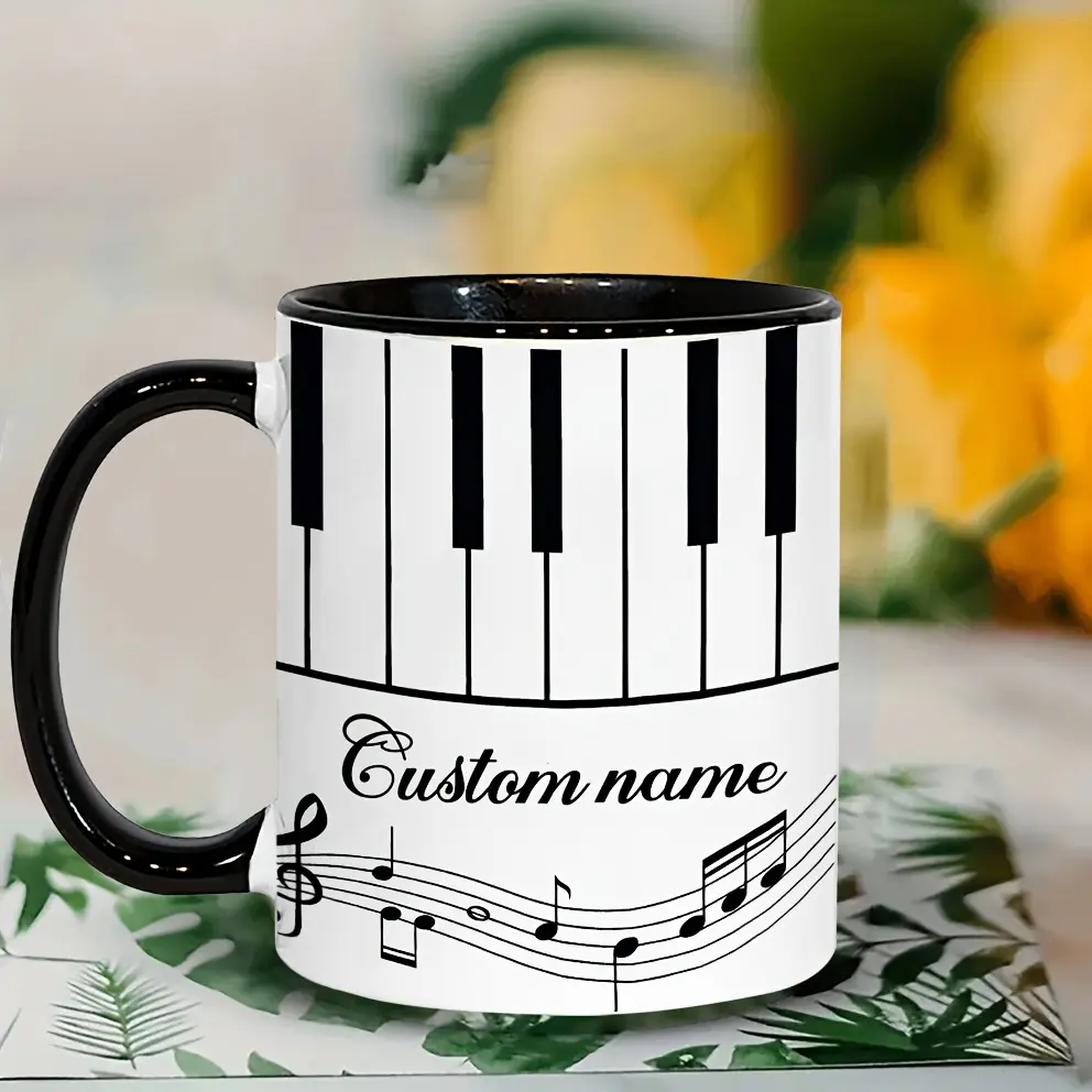 1pc 11Oz Custom Name Music Coffee Mug, Ceramic Piano Keyboard Design with Musical Notes - Personalized Gift for Tea Or Coffee Lovers, White with Black Keys, Perfect for Office Or Reading, Office Drinkware | Piano Keyboard Design | Durable Drinkware