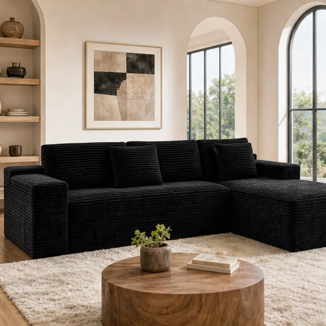 ARCH Modular Sectional Sofa 104.3x68.9in Upholstered Couch No Assembly Required 4 Seat Plush Corduroy Fabric Black Foam Living Room Bedroom Apartment 2PC Free Combination, Black Color Options, Foam Material, 4 Seat Seat Count, Product Dimensions: