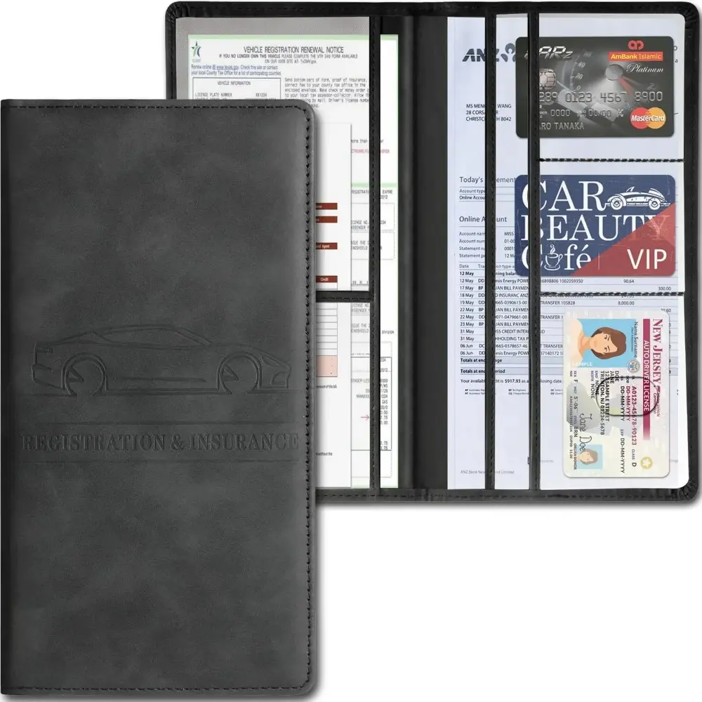 Leather car document & insurance card holder with magnetic closure. Fits vehicle licenses, insurance papers, works for cars, trucks, motorcycles and boats. Unisex design with multiple color options