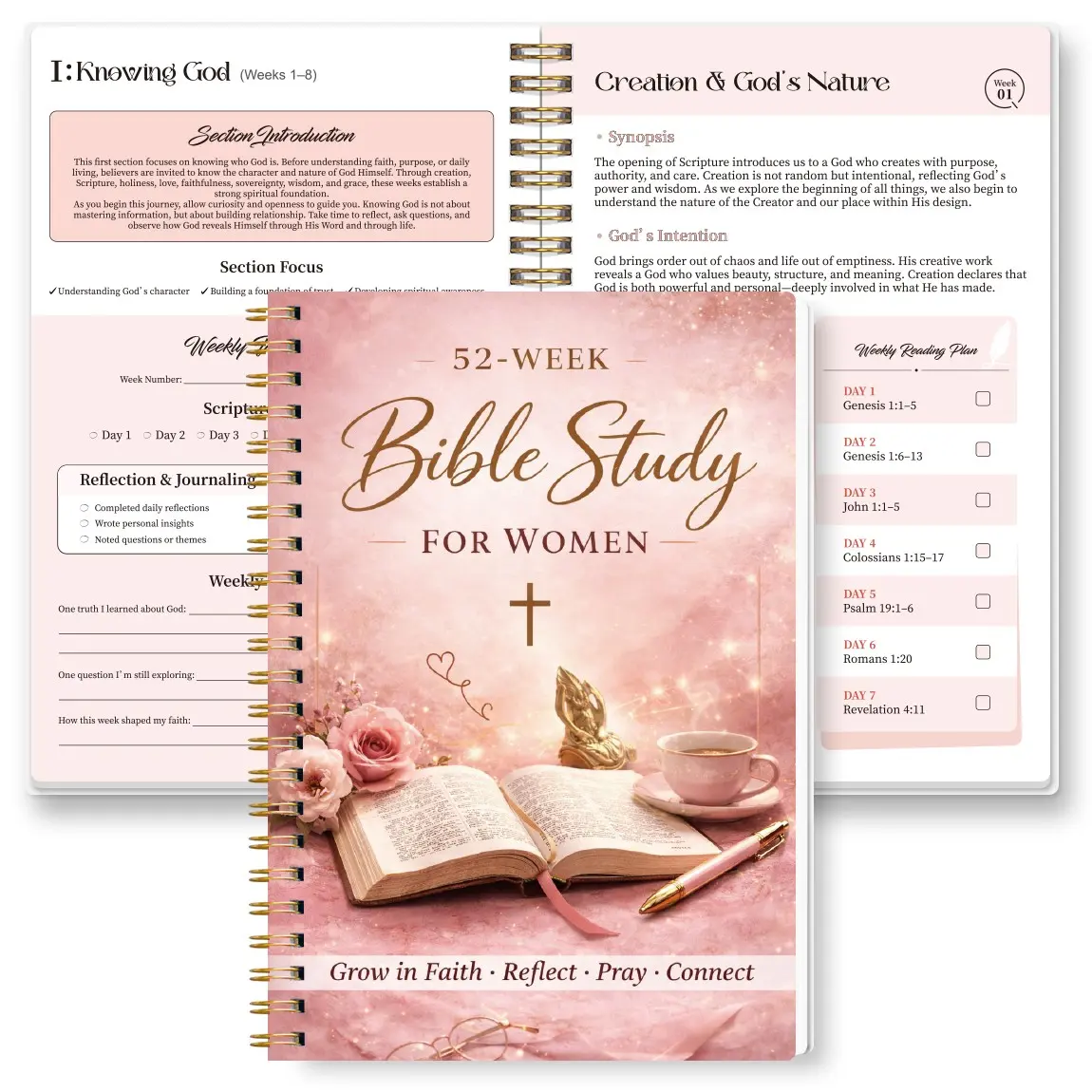52-Week Bible Study Journal, Spiral Bound Hard Cover Prayer Log, Weekly Scripture Reading Plan, Faith Growth Reflection Diary, Christian Gift