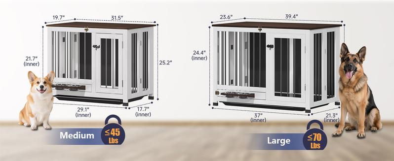 31.5" Wooden Dog Crate Furniture - Foldable Indoor Kennel with 360 °   Rotating Feeder |   Multi-Functional End Table for Small & Medium Dogs |   Portable Pet Cage with Removable Tray & Easy Assembly