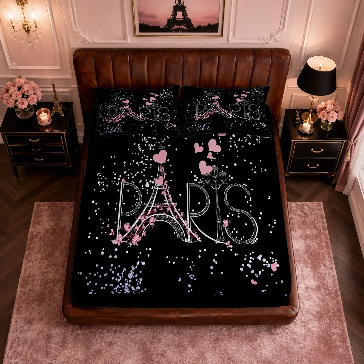 3 Pieces Paris Eiffel Tower Pattern Fitted Sheet Set, Black & Pink Romantic Paris City Floral Bedding, 1 Fitted Sheet + 2 Pillowcases, Digitally Printed Breathable Microfiber Mattress Cover, Without Pillow Inserts, Decor for Teen Girls Bedrooms & Dorm Roo