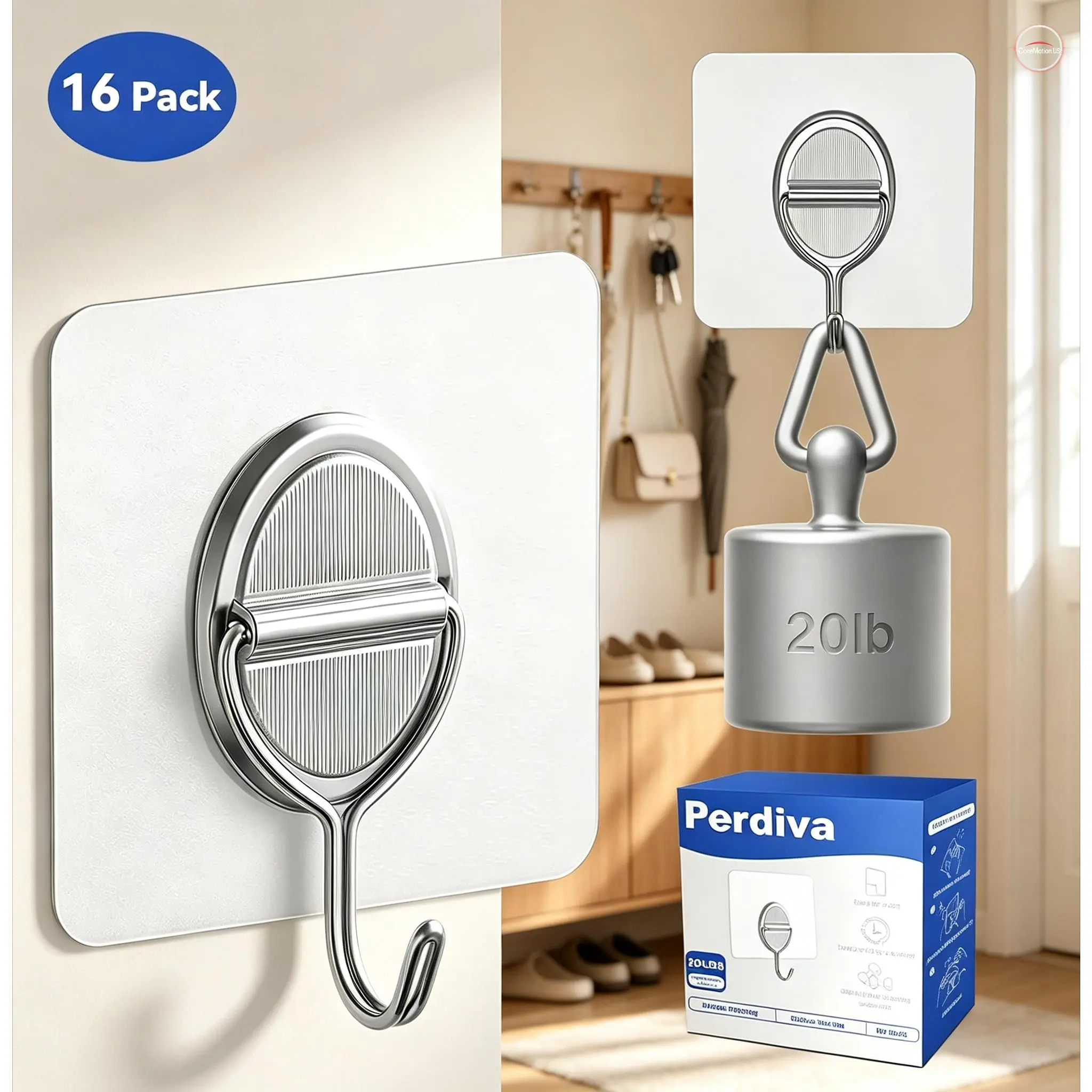16 Pack Clear Rotatable Adhesive Wall Hooks, Heavy Duty 20LBS Removable Sticky Hooks, Waterproof No Drill Wall Hangers, Damage-Free for Tile Glass Wood, for Kitchen Bathroom Home Storage