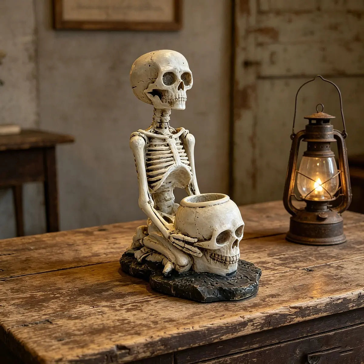 Halloween Sitting Skeleton Candle Holder, Resin Wax Stand, Ghost House Bar Table Atmosphere Decor, Halloween Decoration Ornament, Candle Holders For Table Centerpiece, Decorative