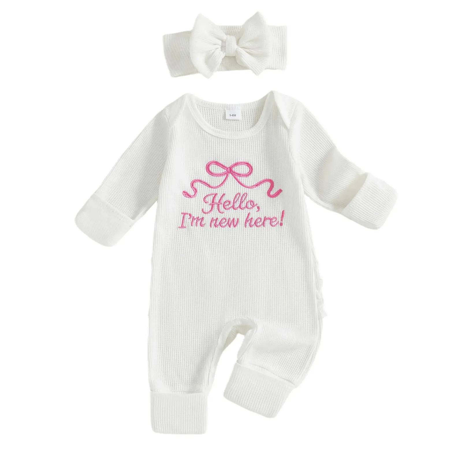 Meihuida Newborn Baby Girl Clothes Hello I'm New Here Romper Waffle Jumpsuit And Headband Coming Home From Hospital Outfit