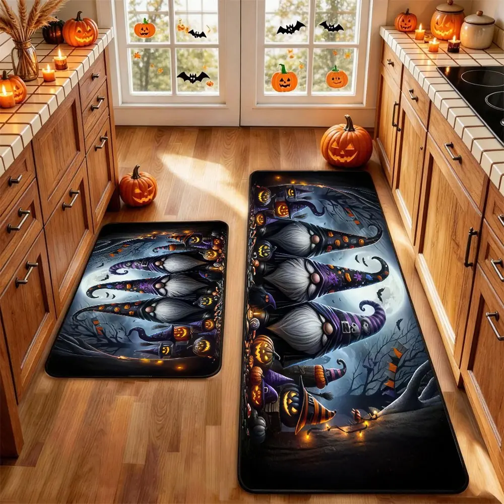 2Pcs Holloween Kitchen Rug Mat BOO! Terrifying Skeleton Horror Pumpkin Bat Spider Web Wizard Floor Mat Set Farmhouse Kitchen Rug Non Slip Restaurant Floor Dining Room Laundry Room Decor Carpet Mat Fall Decor Home Decor Rug Decorative Rugs