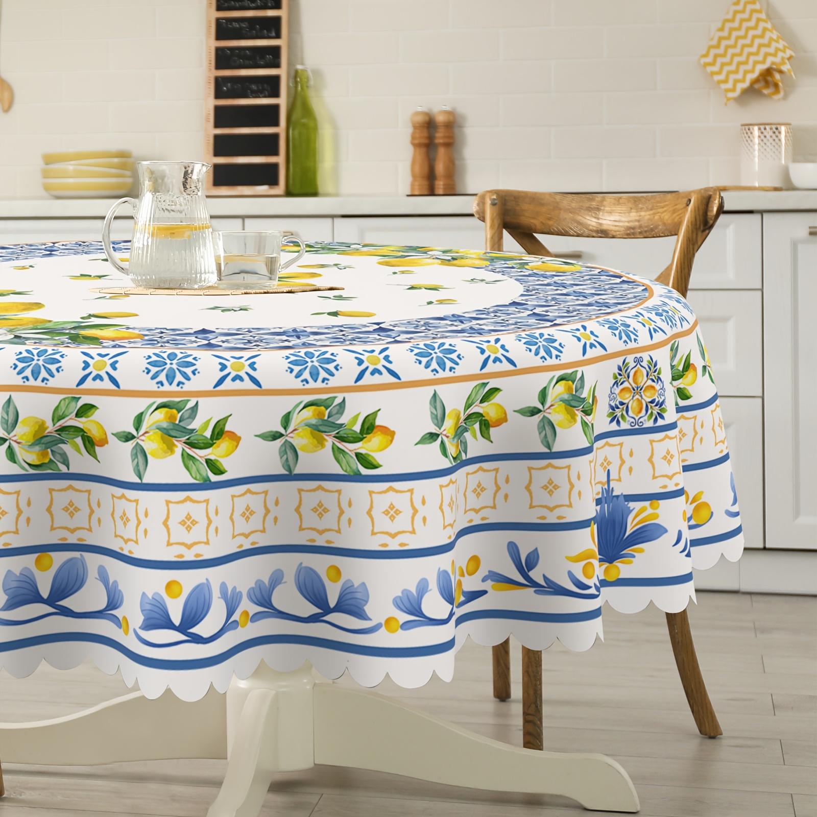 Elegant Mediterranean-Inspired Tablecloth with Fresh Lemon & Blue Floral Design - Polyester, Machine Washable for Dining Room, Living Room, Outdoor Decor