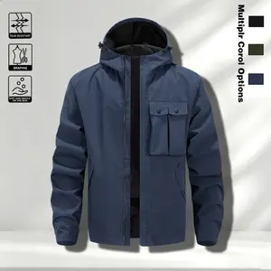 Men's workwear hooded jacket Spring and Autumn new multi pocket functional jacket for middle-aged and young people, loose, waterproof, windproof, mountain climbing solid color assault suit men's clothing