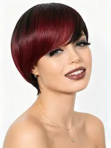 lolely Dream Short Burgundy Pixie Cut Human Hair Wig, full machine made with Bangs, Short Straight Human Hair Wig for African American Women