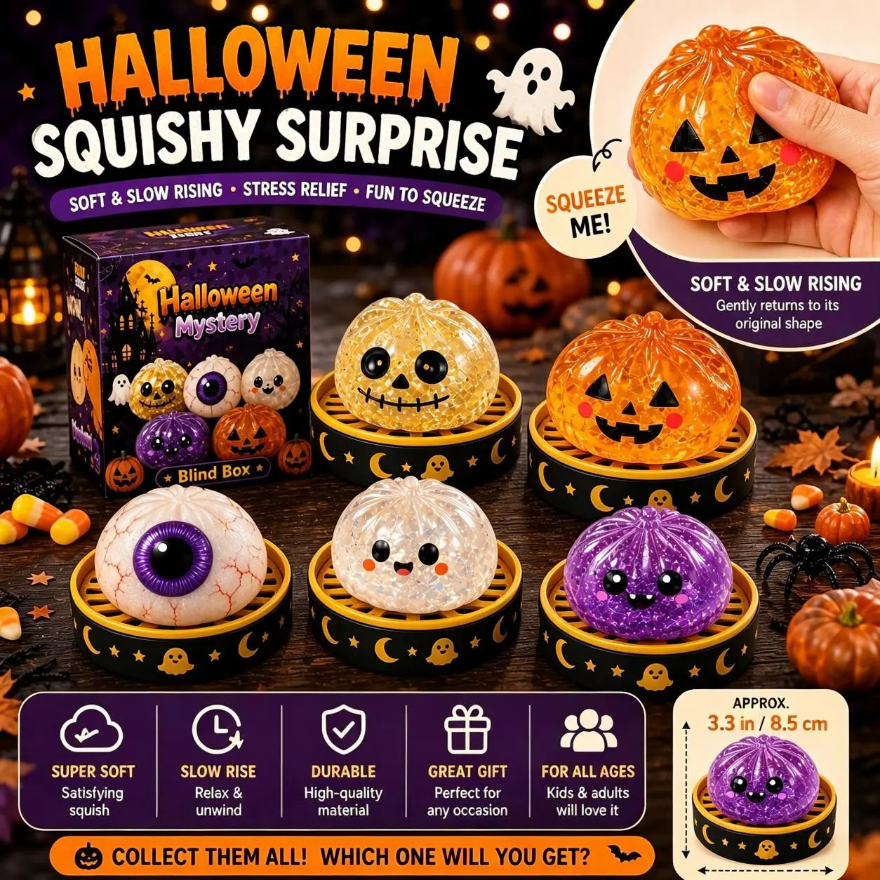 5PCS Cute Halloween Steamed Bun Shaped Squishy Fidget Squeeze Toy, Halloween Party Favor Mini Novelty Gift, Spooky Pumpkin Eyeball Skull Monster Sensory Toy for Kids Adults Halloween Treat Bag Fillers